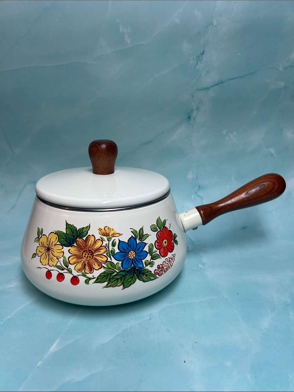 1970s ENAMEL floral sauce pan with lid and Wood hand Vintage